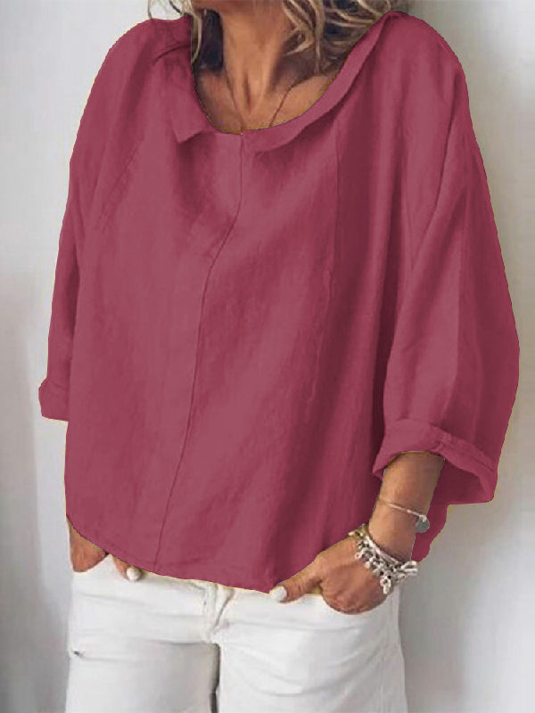 Vintage Ramie Cotton Round-Neck Lapel T-Shirt