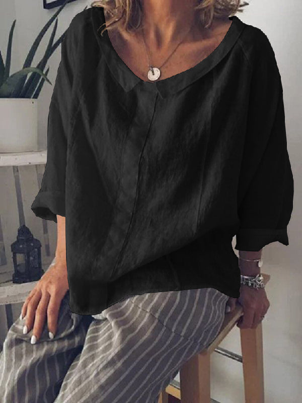 Vintage Ramie Cotton Round-Neck Lapel T-Shirt