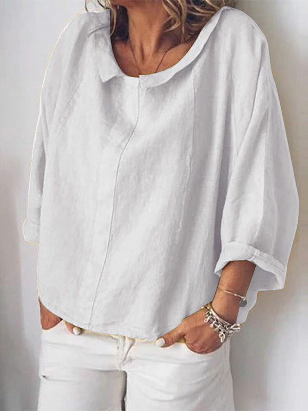 Vintage Ramie Cotton Round-Neck Lapel T-Shirt