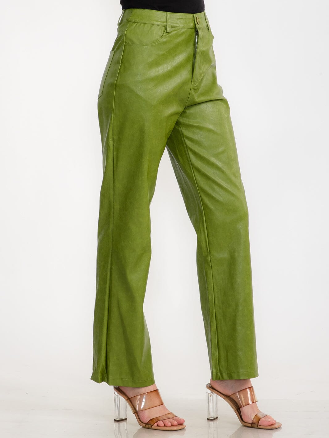 WOMEN'S BUTTON CLOSURE POCKETS PU PLEATHER PANTS