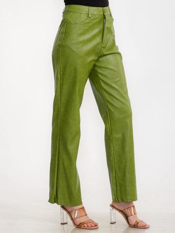 WOMEN'S BUTTON CLOSURE POCKETS PU PLEATHER PANTS