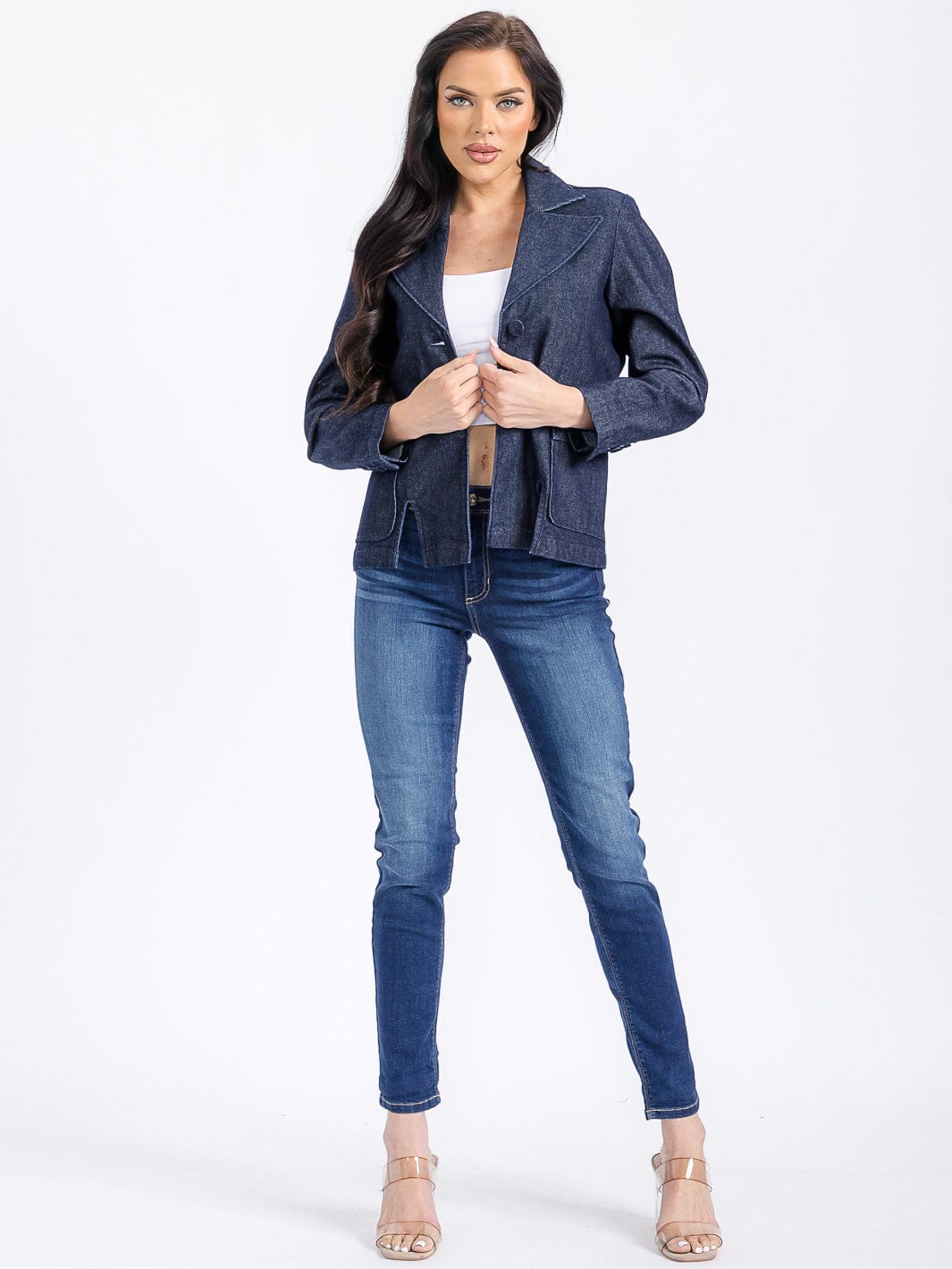 WOMEN'S LONG SLEEVE BUTTON CLOSURE FRONT POCKETS DENIM JACKET