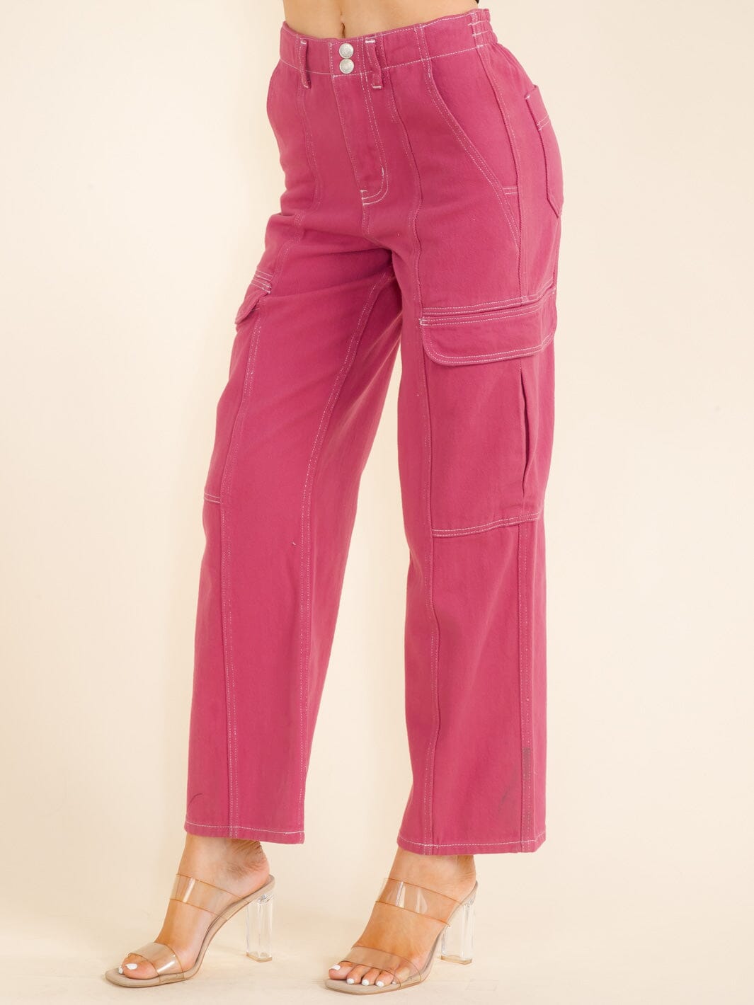 WOMEN'S BUTTON CLOSURE CARGO POCKETS WIDE LEG DENIM PANTS