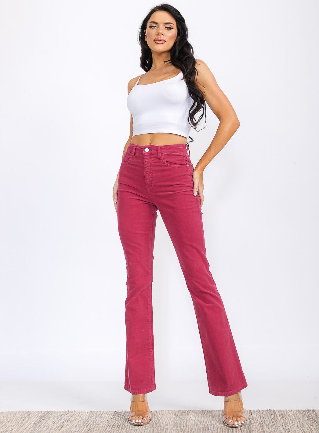 WOMEN'S BUTTON CLOSURE POCKETS BELL LEG CORDUROY PANTS