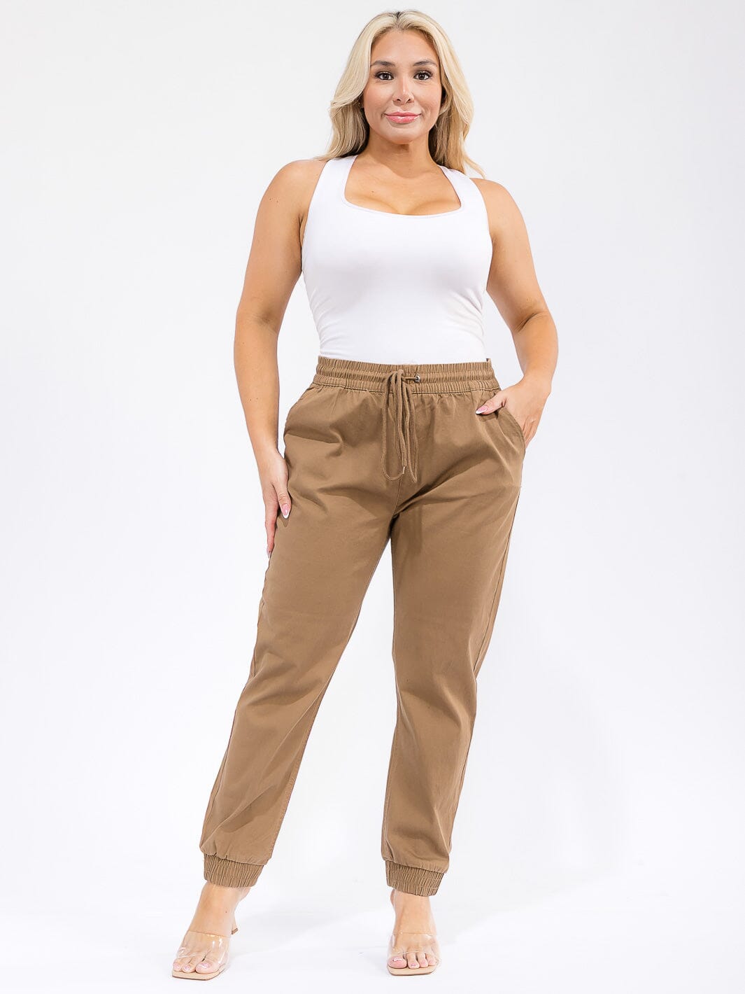 PLUS SIZE ELASTIC WAIST SELF TIE JOGGER DENIM PANTS