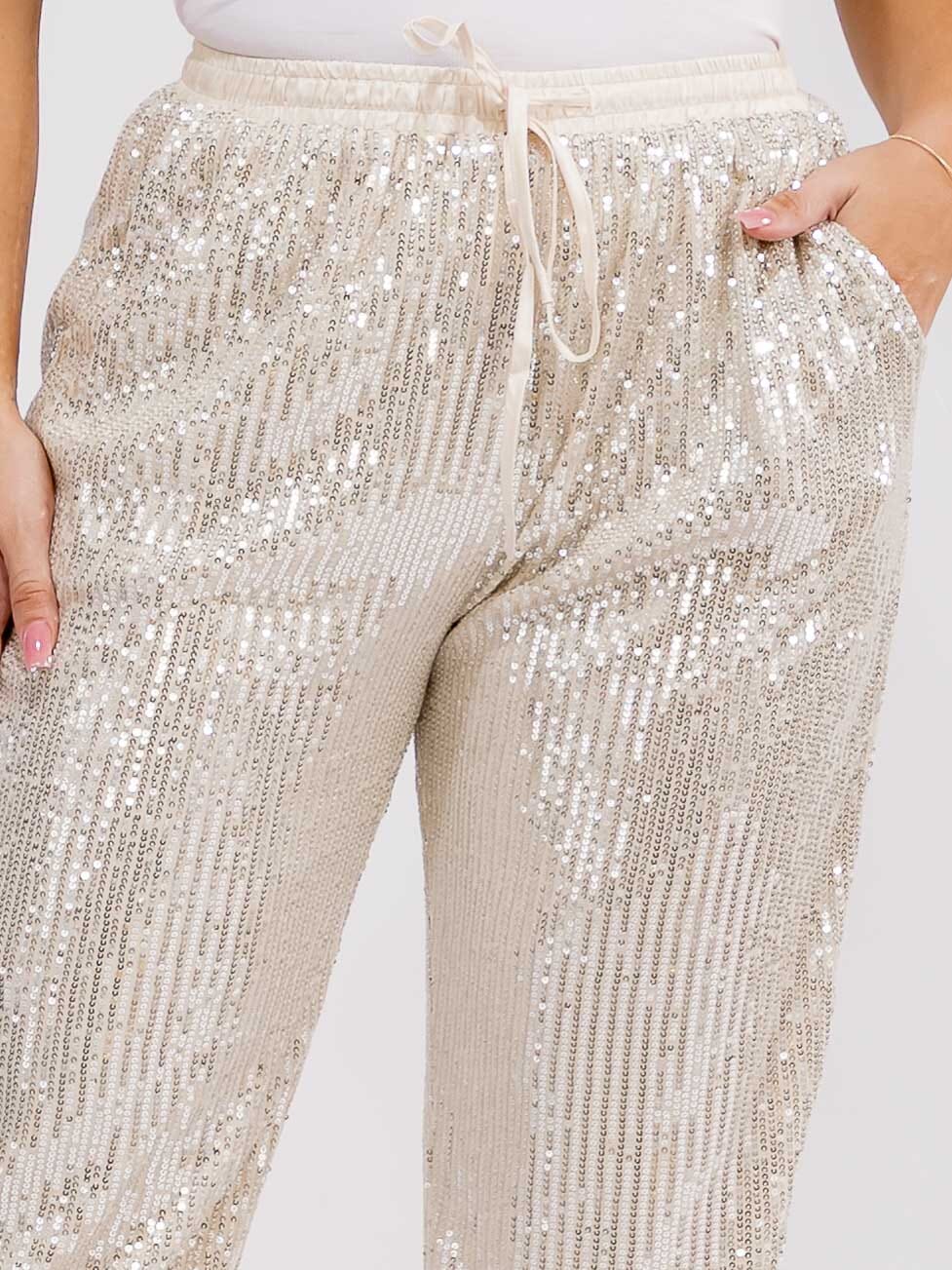 PLUS SIZE ELASTIC WAIST FRONT POCKETS JOGGER SEQUINS PANTS