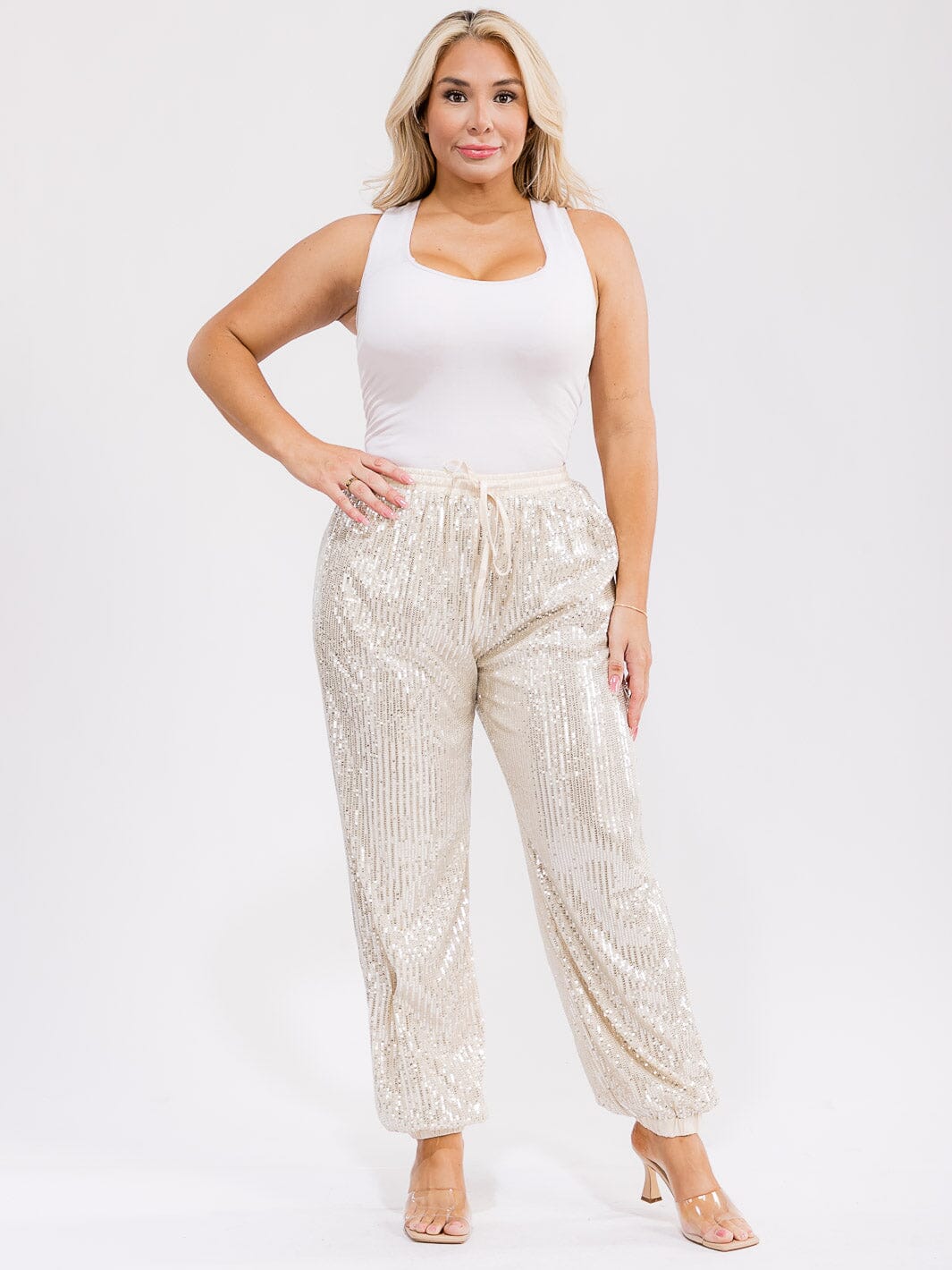 PLUS SIZE ELASTIC WAIST FRONT POCKETS JOGGER SEQUINS PANTS