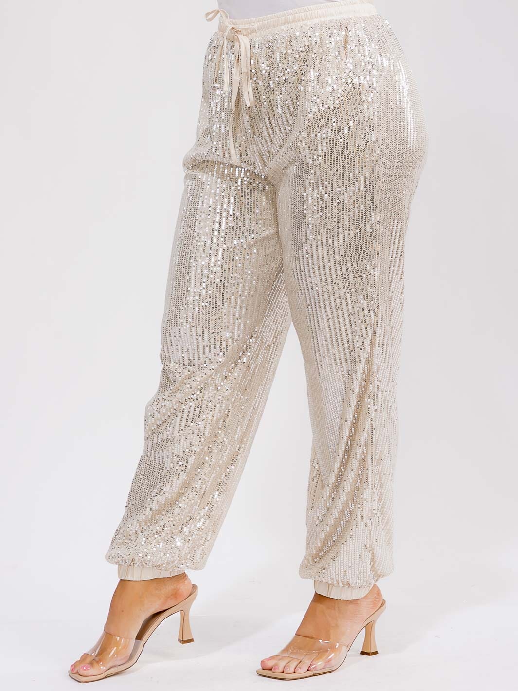 PLUS SIZE ELASTIC WAIST FRONT POCKETS JOGGER SEQUINS PANTS