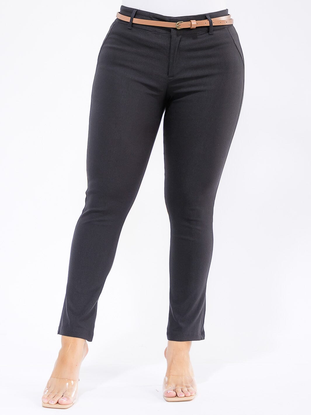 PLUS SIZE BUTTON CLOSURE BELTED SKINNY LEG PANTS