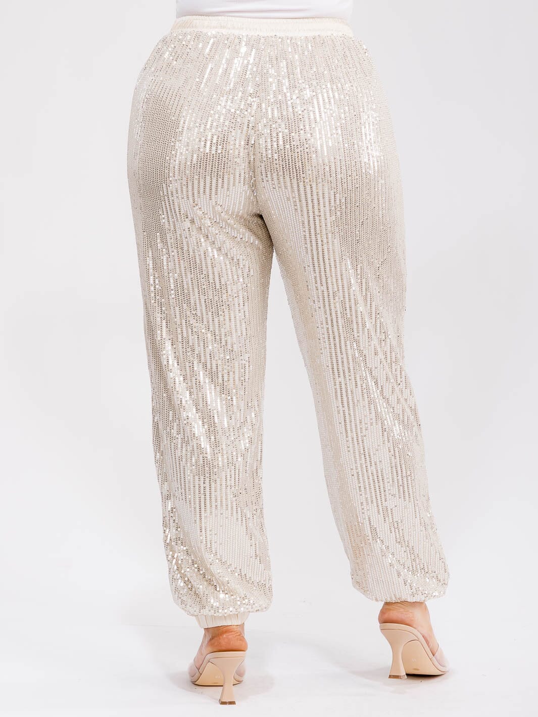 PLUS SIZE ELASTIC WAIST FRONT POCKETS JOGGER SEQUINS PANTS