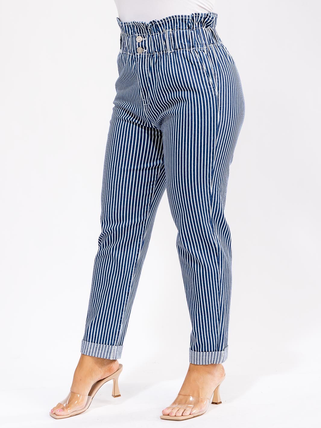 PLUS SIZE BUTTON CLOSURE POCKETS SKINNY LEG STRIPED DENIM PANTS