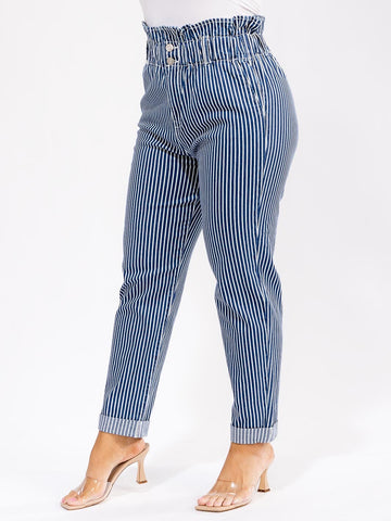 PLUS SIZE BUTTON CLOSURE POCKETS SKINNY LEG STRIPED DENIM PANTS