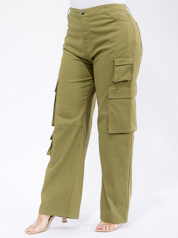 PLUS SIZE BUTTON CLOSURE CARGO POCKETS WIDE LEG PANTS