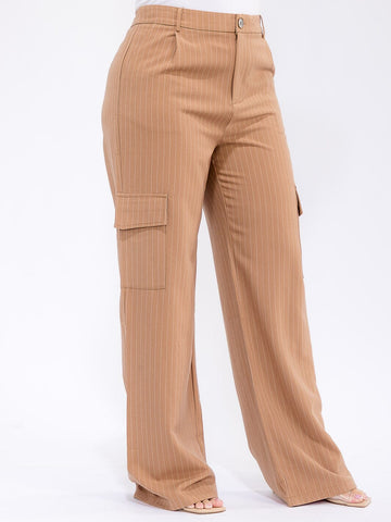 PLUS SIZE BUTTON CLOSURE CARGO POCKETS WIDE LEG STRIPES PANTS