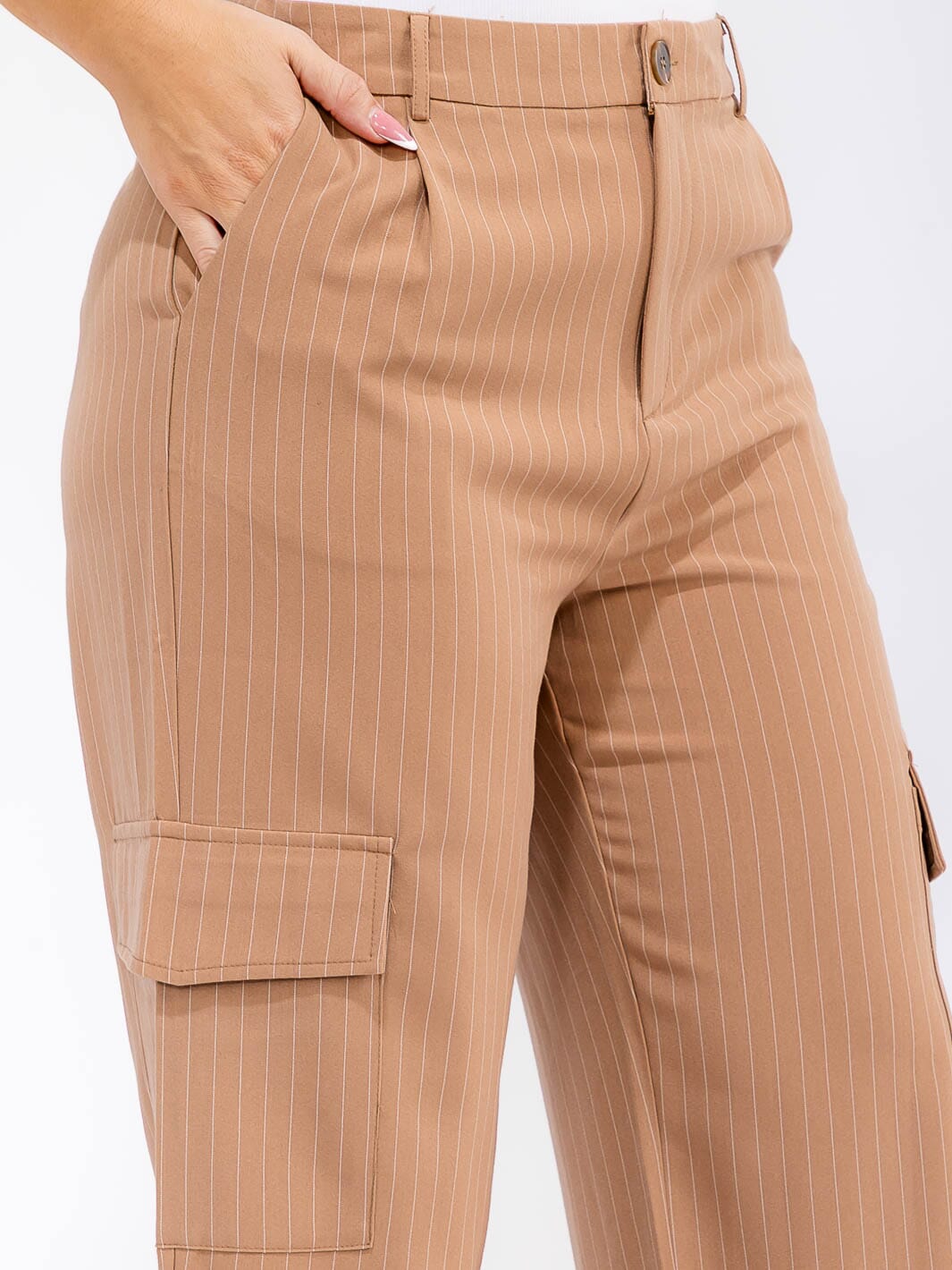 PLUS SIZE BUTTON CLOSURE CARGO POCKETS WIDE LEG STRIPES PANTS