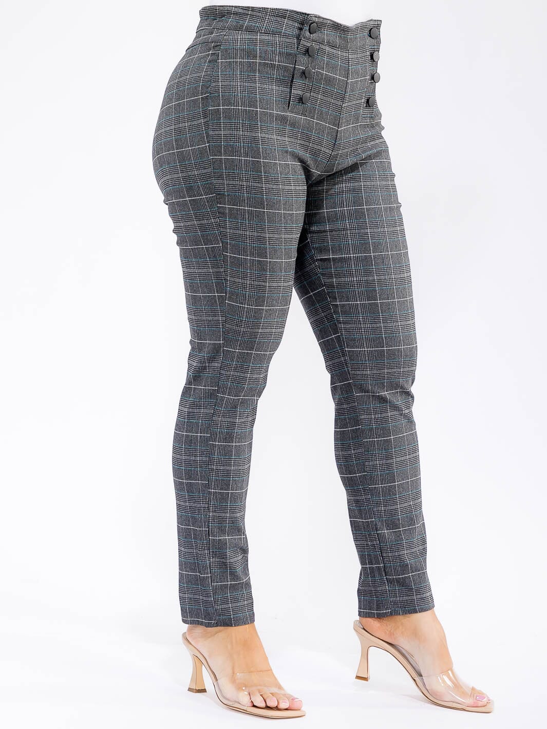 PLUS SIZE BUTTON CLOSURE PLAID SKINNY LEG PANTS