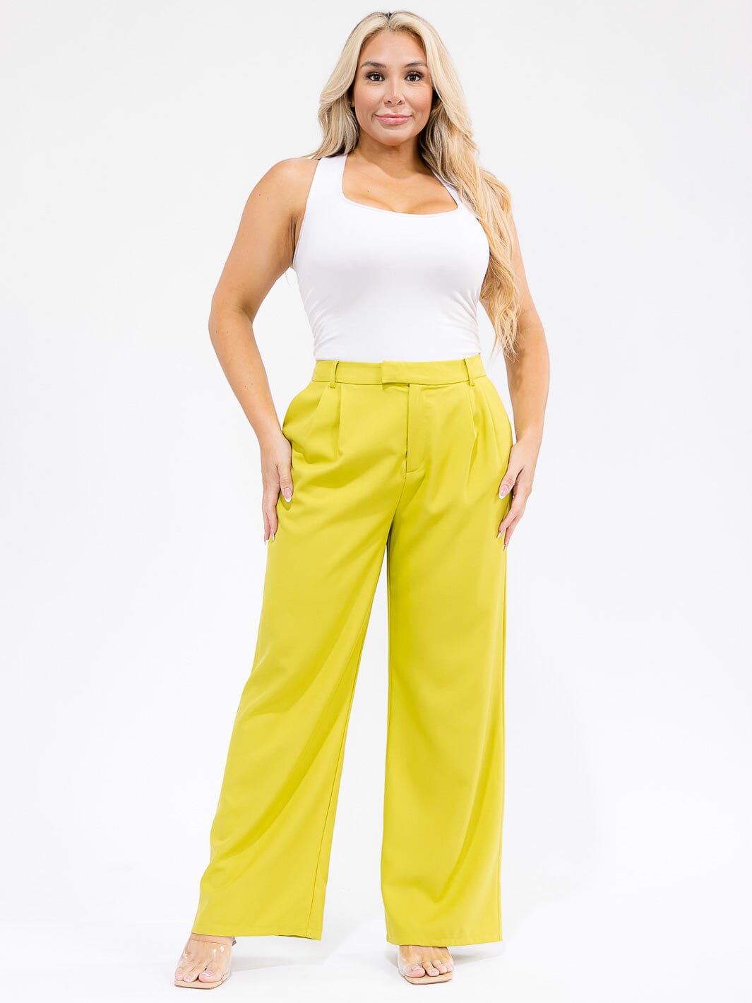 PLUS SIZE BUTTON CLOSURE POCKETS WIDE LEG PANTS