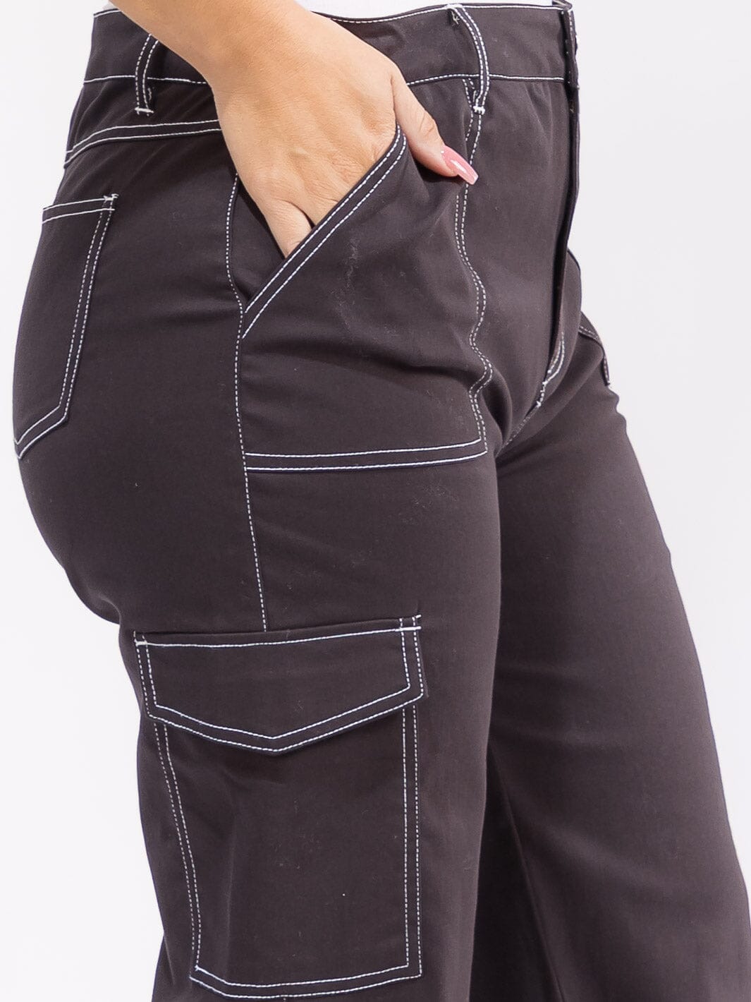 PLUS SIZE BUTTON CLOSURE CARGO POCKETS WIDE LEG PANTS