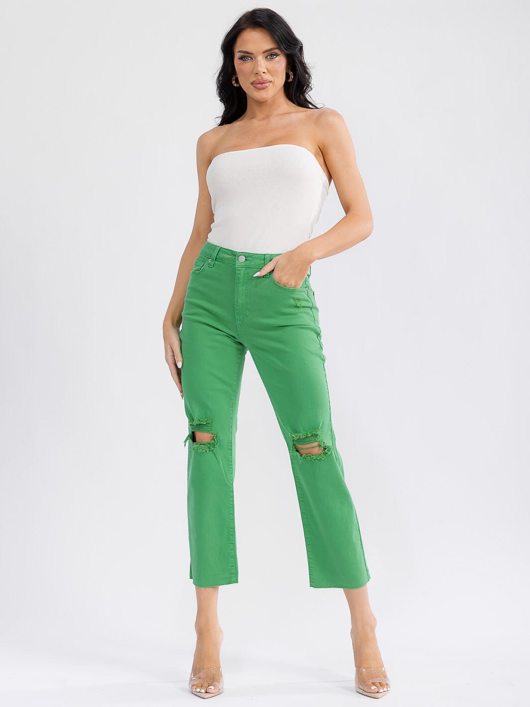 WOMEN'S BUTTON CLOSURE POCKETS DISTRESS WIDE LEG DENIM PANTS