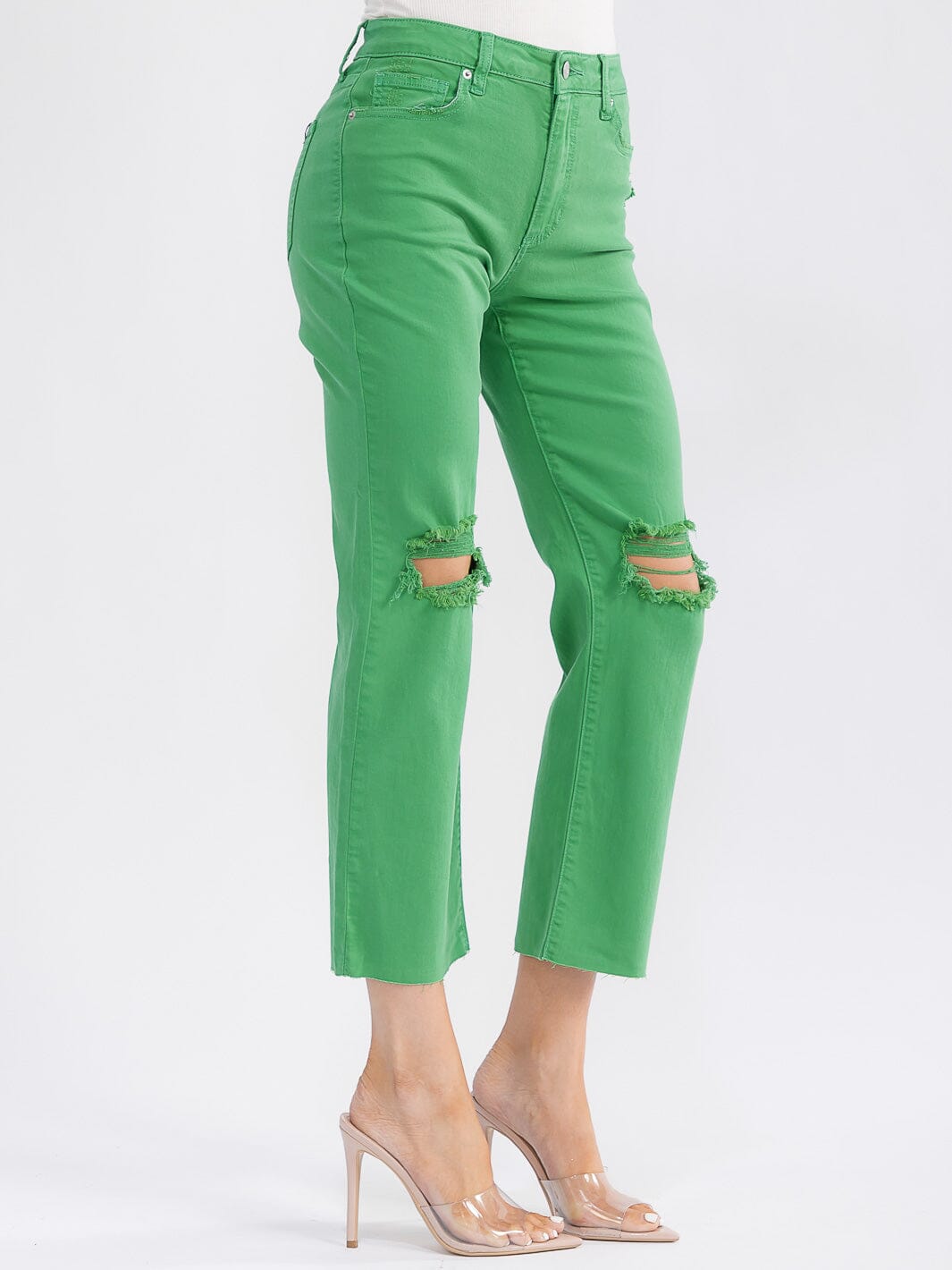 WOMEN'S BUTTON CLOSURE POCKETS DISTRESS WIDE LEG DENIM PANTS