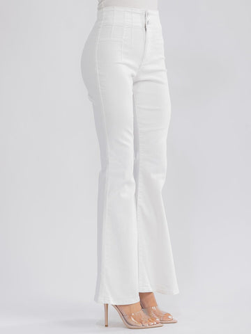 WOMEN'S BUTTON CLOSURE POCKETS BELL LEG DENIM PANTS