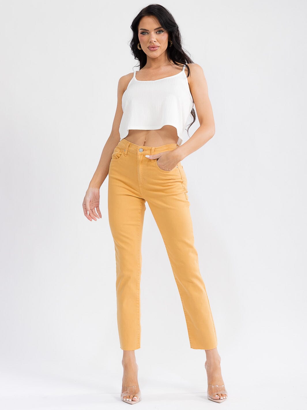 WOMEN'S BUTTON CLOSURE POCKETS RAW EDGE STRAIGHT LEG DENIM PANTS