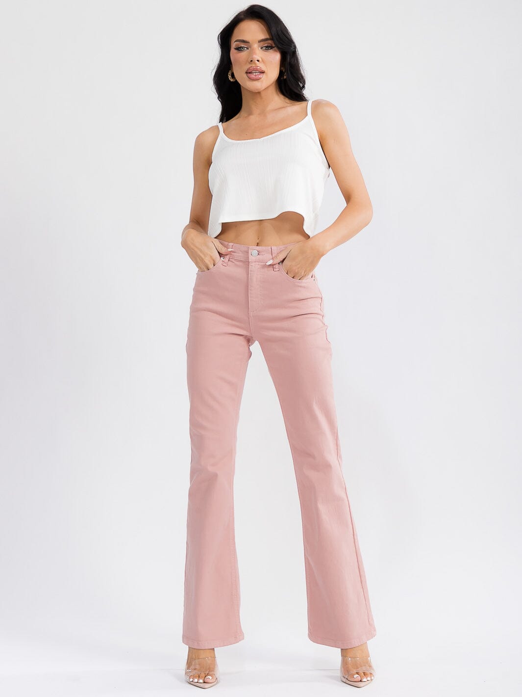 WOMEN'S BUTTON CLOSURE POCKETS BELL LEG DENIM PANTS