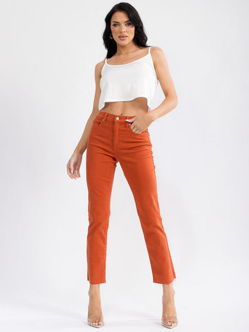 WOMEN'S BUTTON CLOSURE POCKETS RAW EDGE STRAIGHT LEG DENIM PANTS