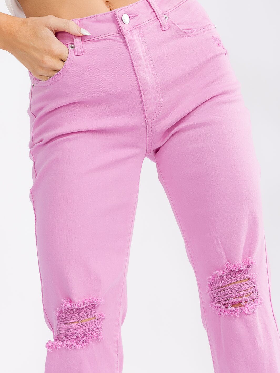 WOMEN'S BUTTON CLOSURE POCKETS DISTRESS WIDE LEG DENIM PANTS