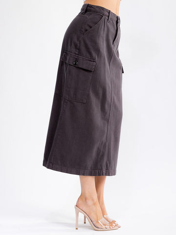 WOMEN'S BUTTON CLOSURE CARGO POCKETS DENIM MAXI SKIRT