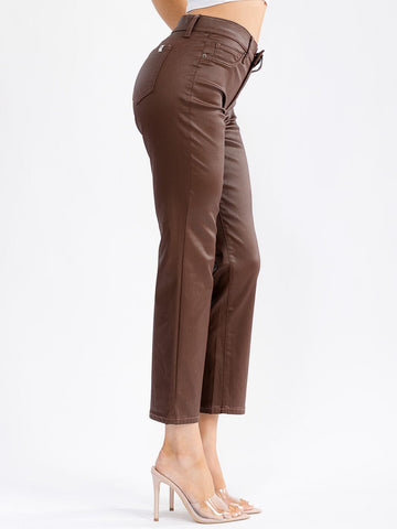 WOMEN'S BUTTON CLOSURE BACK POCKETS WIDE LEG PU PLEATHER PANTS
