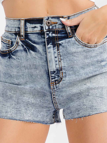 WOMEN'S BUTTON CLOSURE POCKETS RAW EDGE WASHED DENIM MINI SHORTS