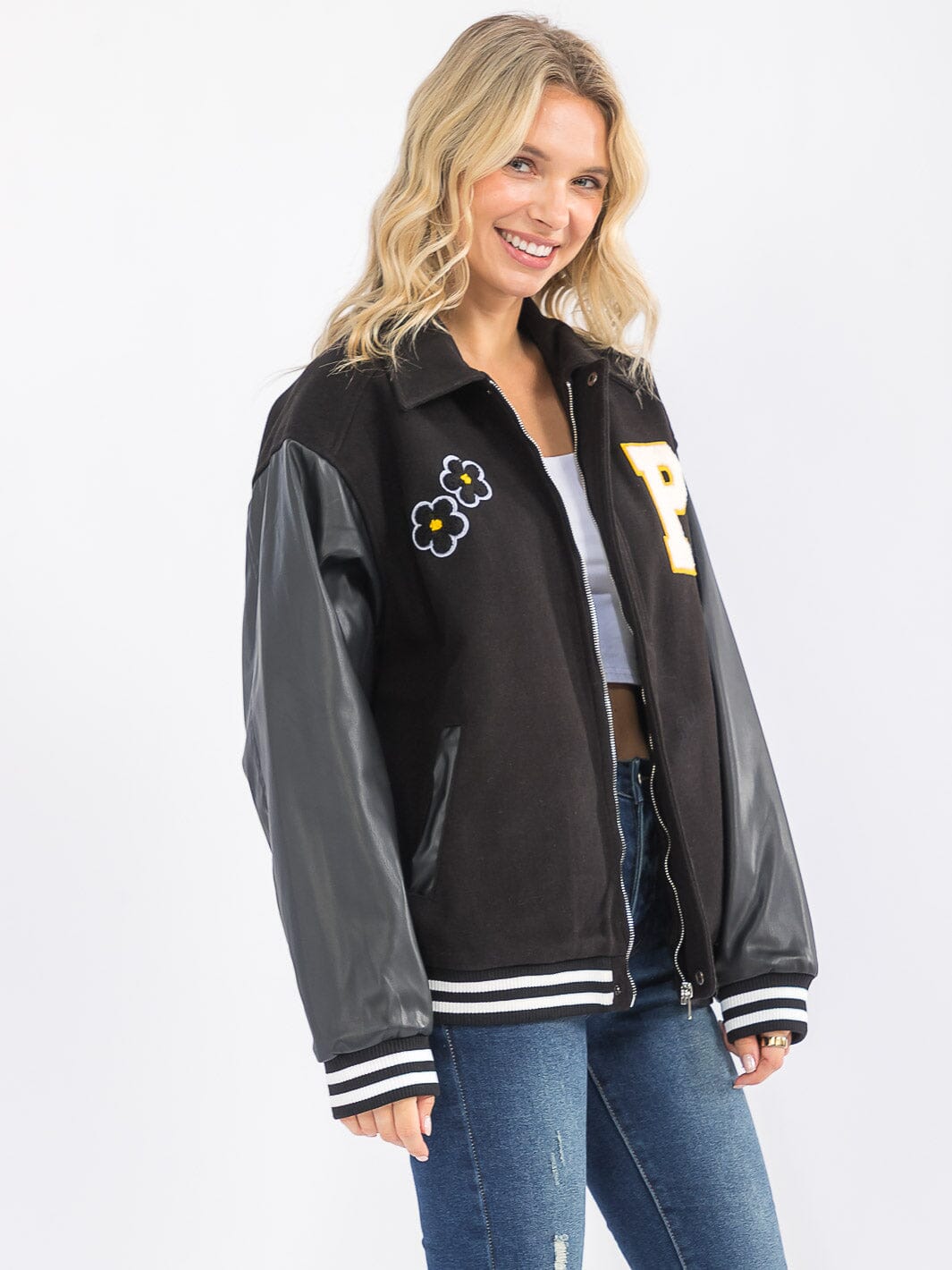 WOMEN'S LONG SLEEVE ZIP UP FRONT POCKETS CONTRAST PU PLEATHER JACKET