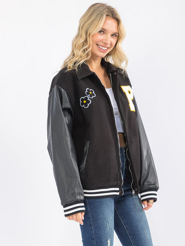 WOMEN'S LONG SLEEVE ZIP UP FRONT POCKETS CONTRAST PU PLEATHER JACKET