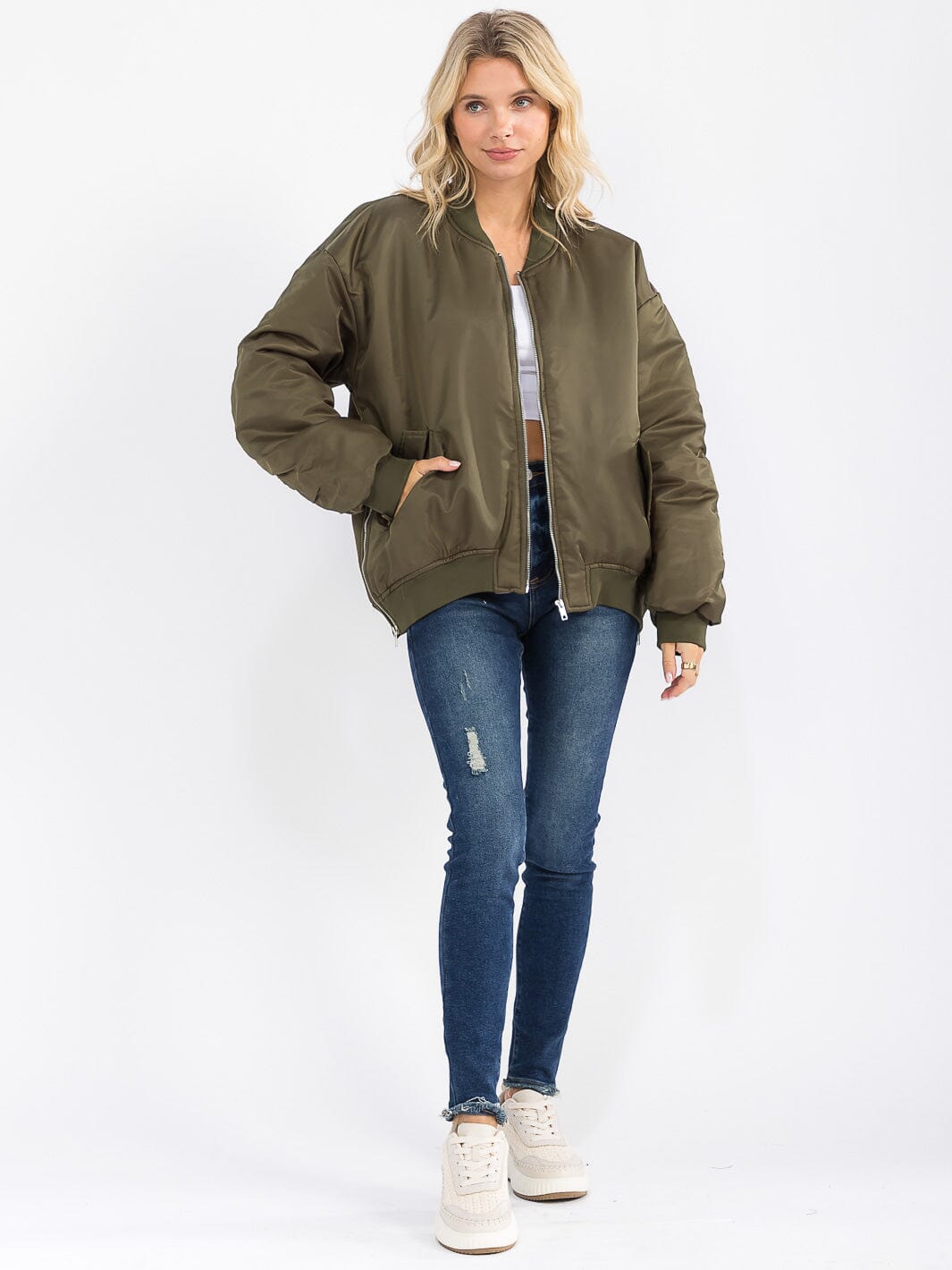 WOMEN'S LONG SLEEVE ZIP UP FRONT POCKETS BOMBER JACKET