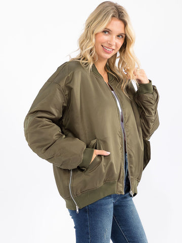 WOMEN'S LONG SLEEVE ZIP UP FRONT POCKETS BOMBER JACKET