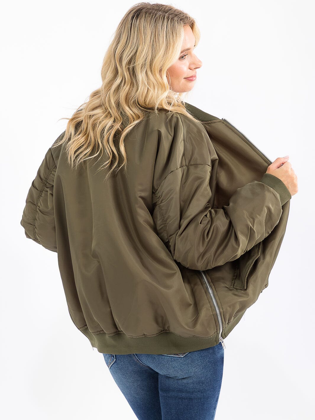 WOMEN'S LONG SLEEVE ZIP UP FRONT POCKETS BOMBER JACKET