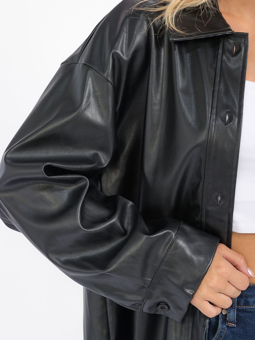 WOMEN'S LONG SLEEVE BUTTON CLOSURE PU PLEATHER SHACKET