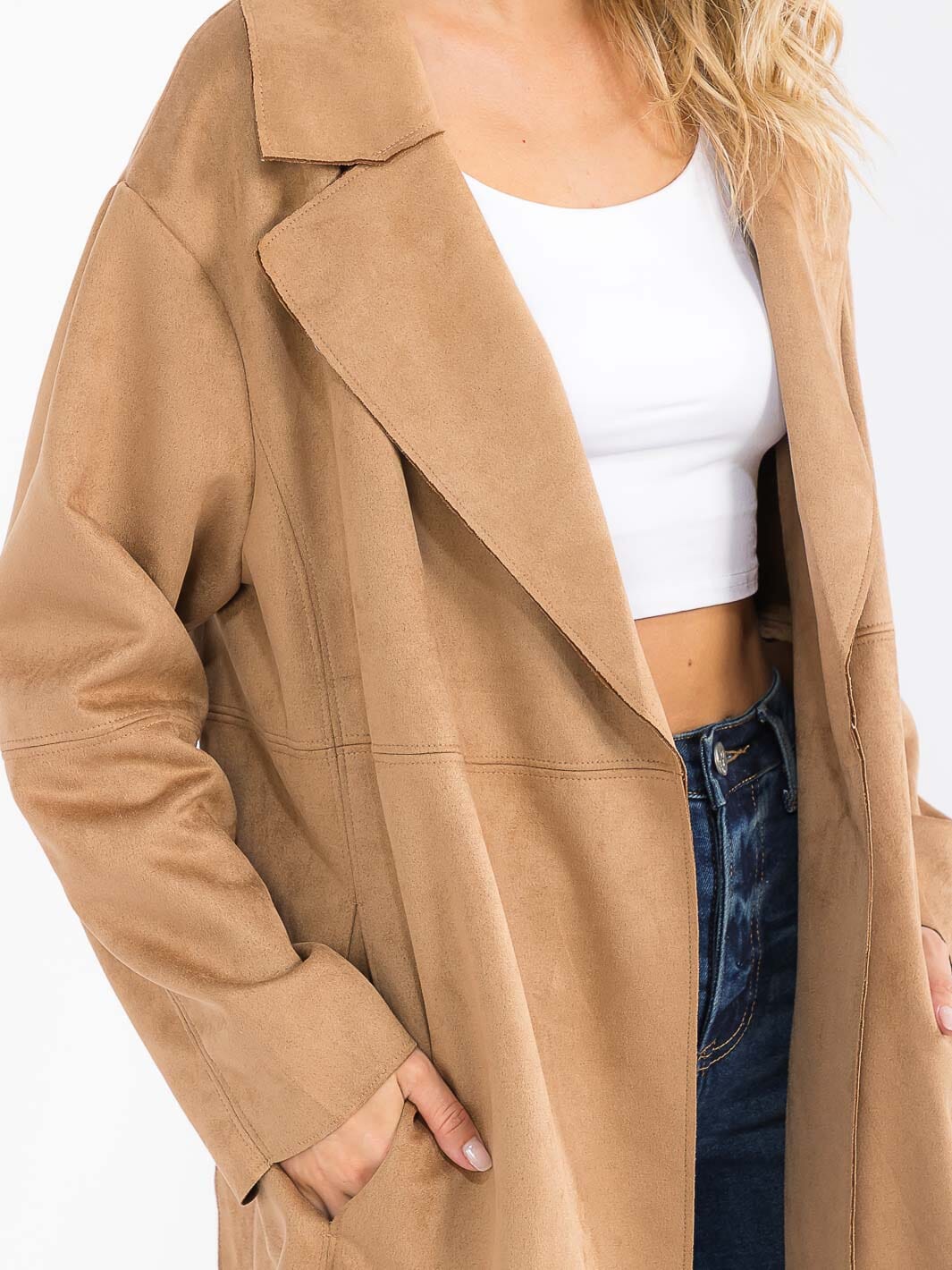 WOMEN'S LONG SLEEVE OPEN FRONT SELF TIE POCKETS SUEDE COAT