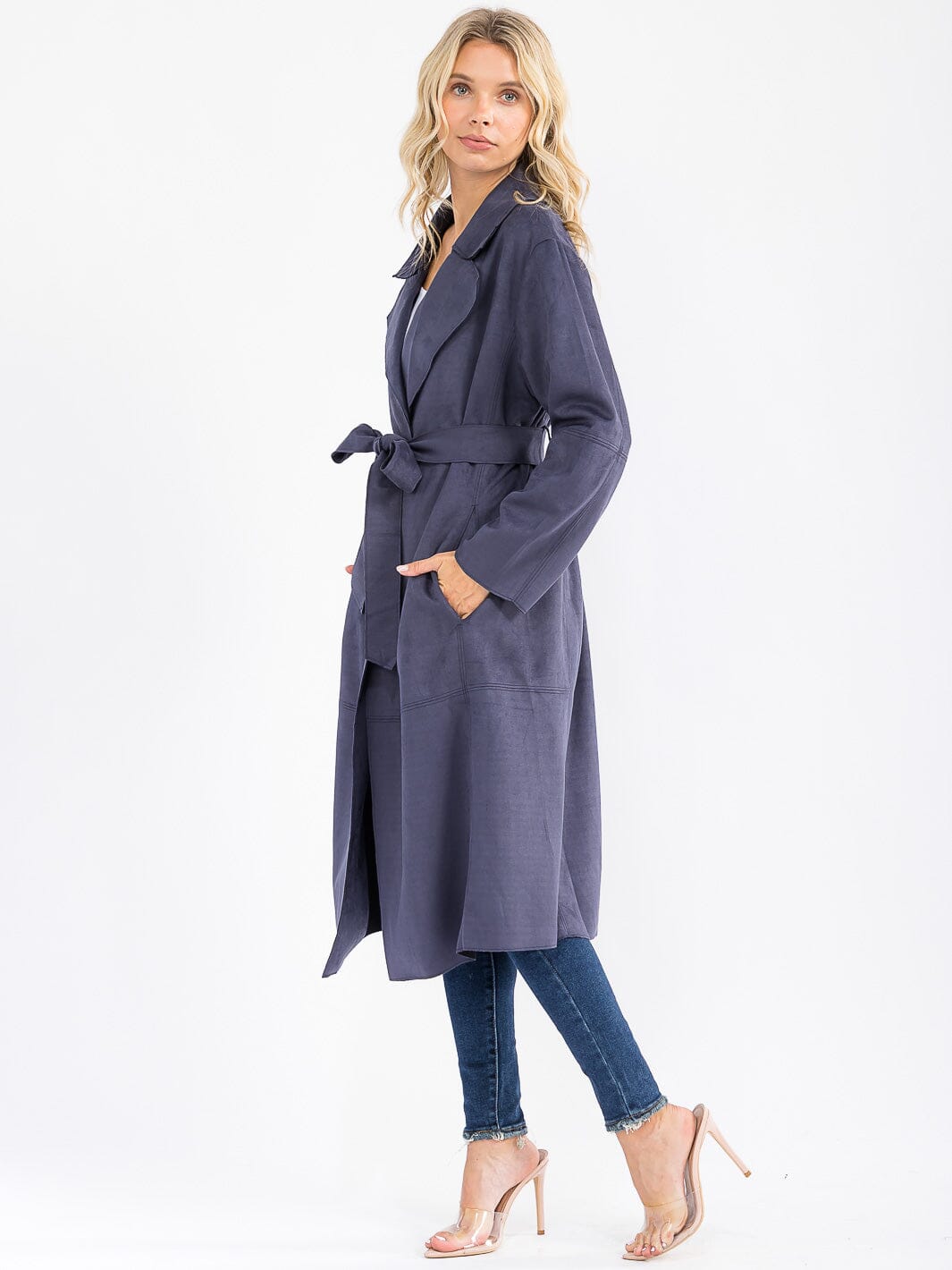 WOMEN'S LONG SLEEVE OPEN FRONT SELF TIE POCKETS SUEDE COAT