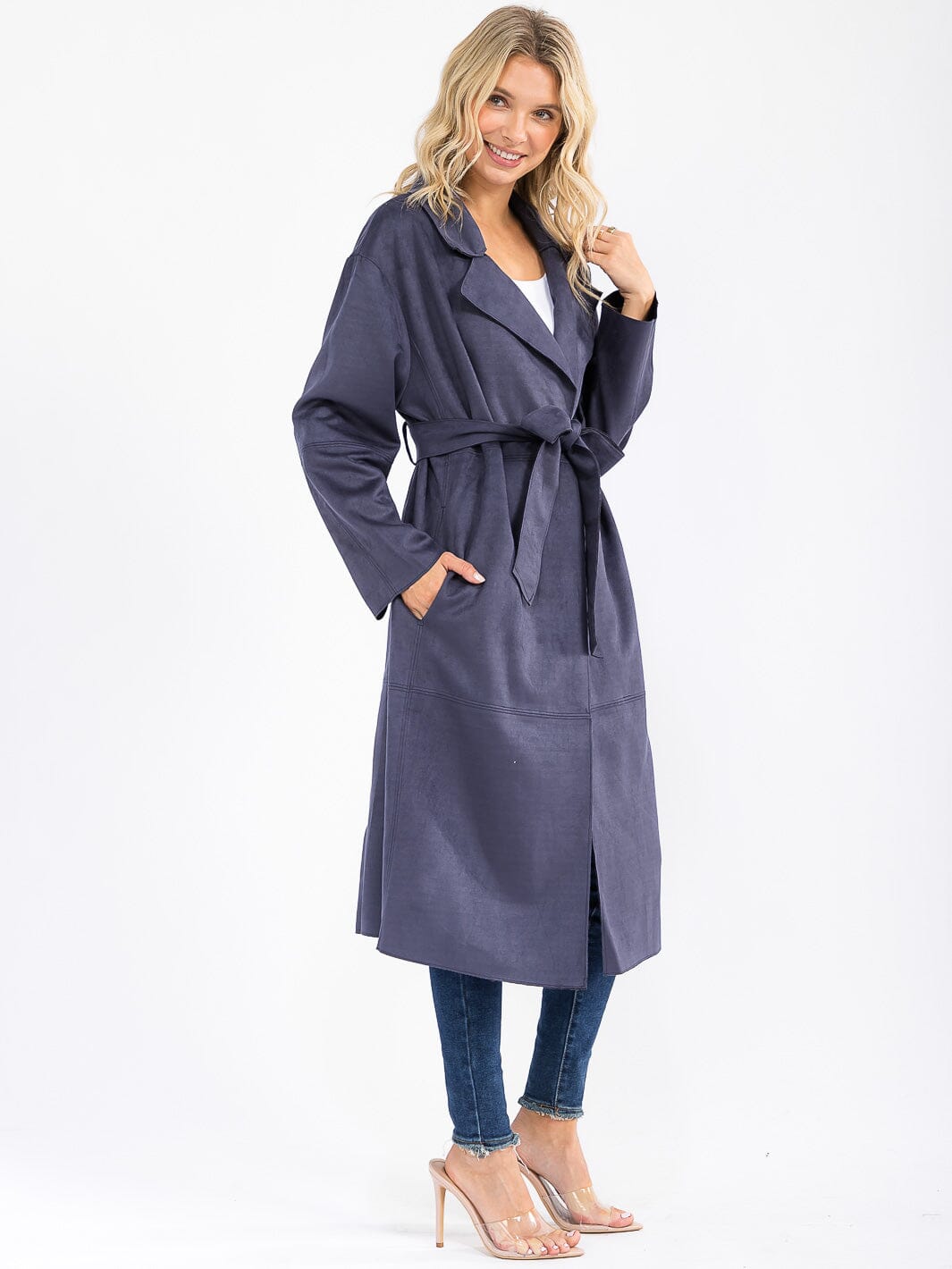 WOMEN'S LONG SLEEVE OPEN FRONT SELF TIE POCKETS SUEDE COAT