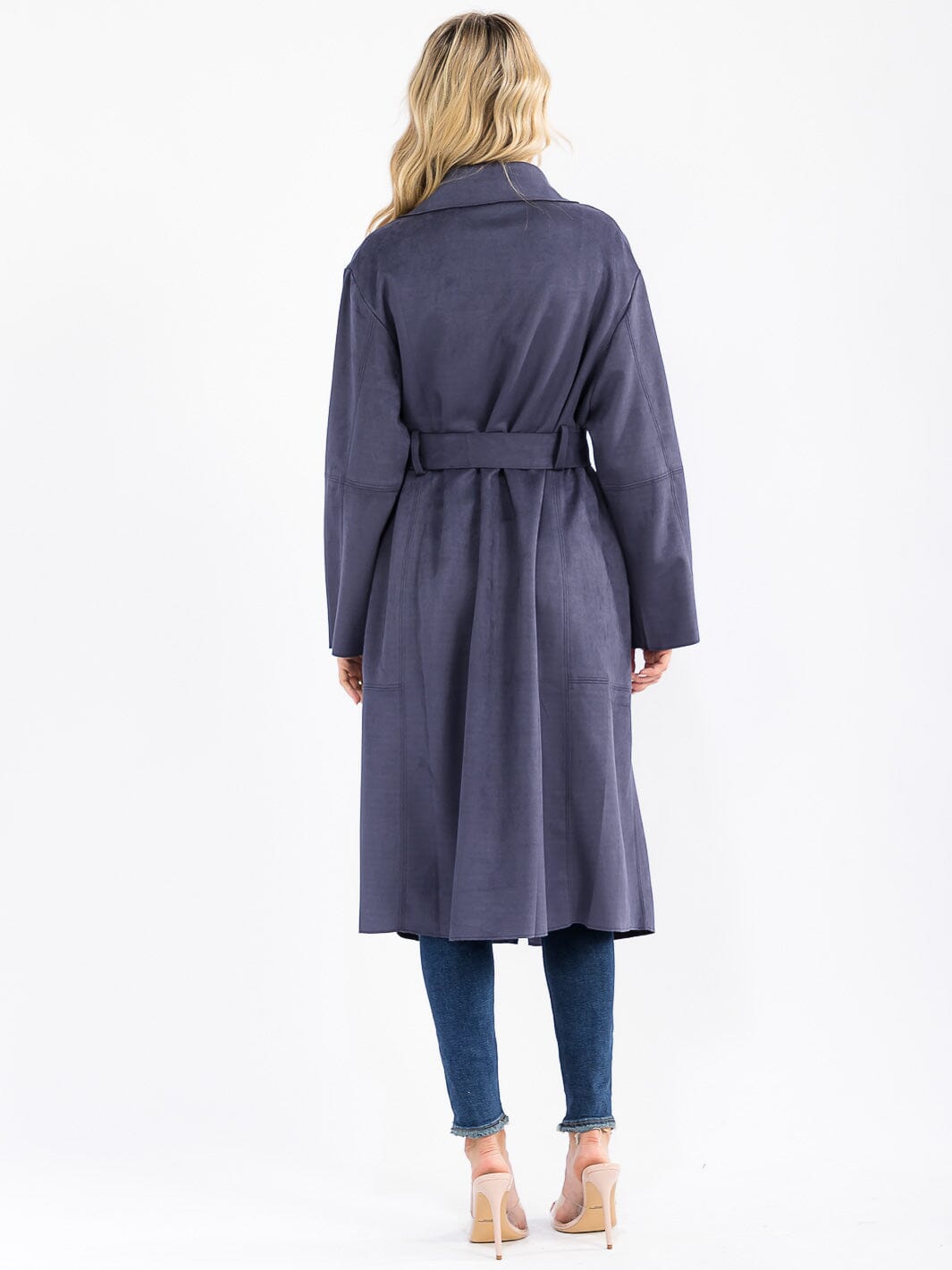 WOMEN'S LONG SLEEVE OPEN FRONT SELF TIE POCKETS SUEDE COAT