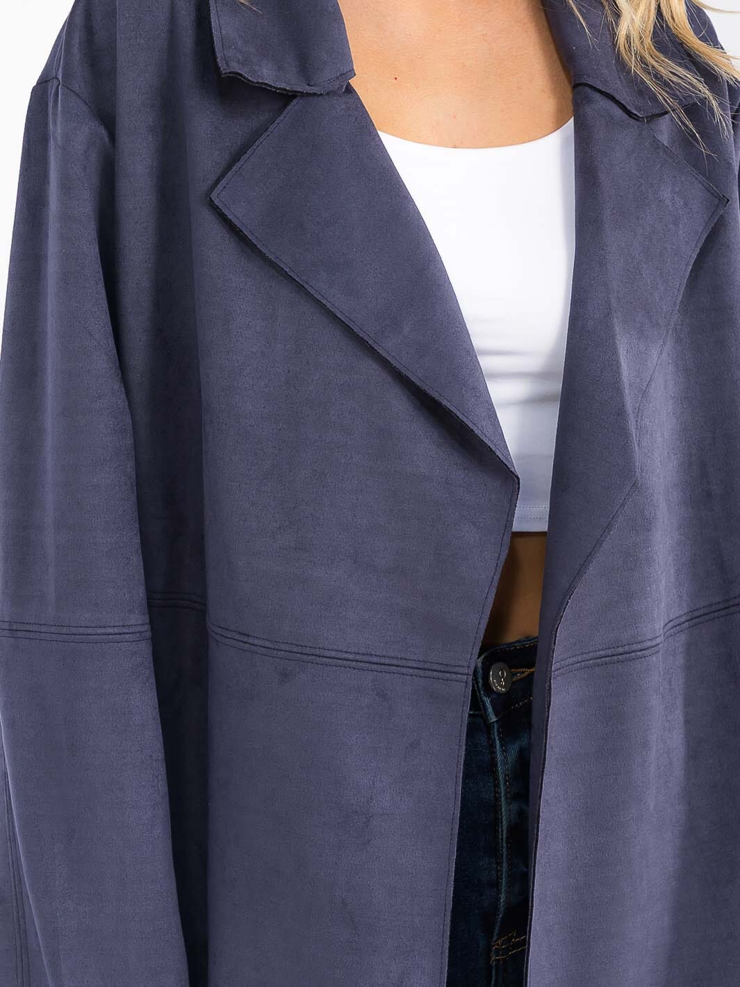 WOMEN'S LONG SLEEVE OPEN FRONT SELF TIE POCKETS SUEDE COAT