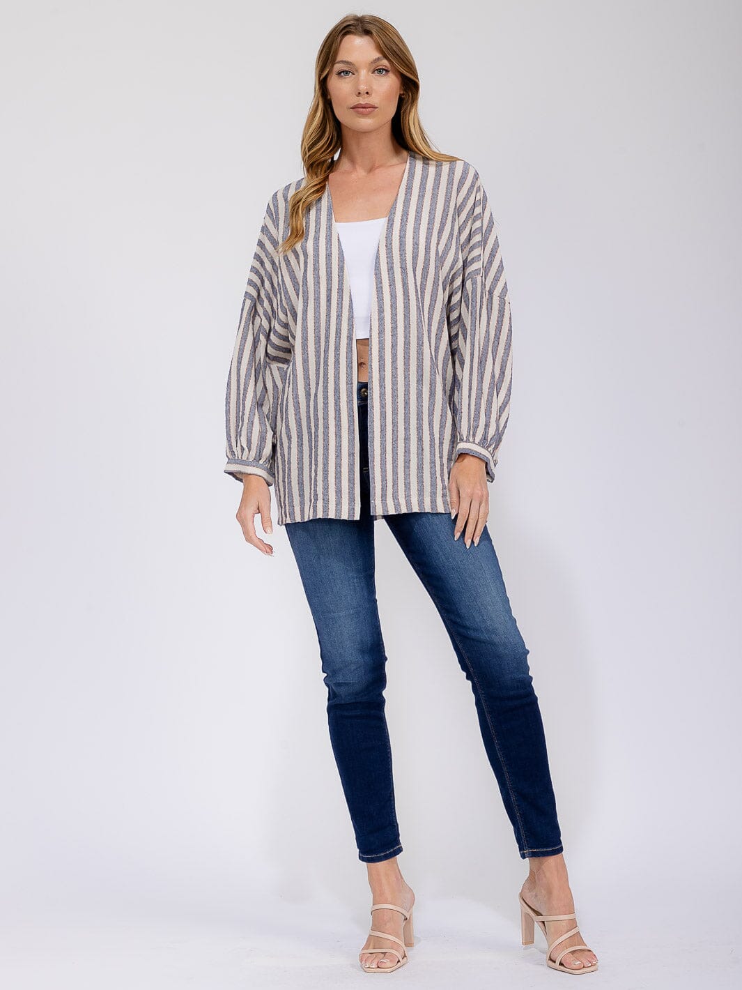 WOMEN'S LONG SLEEVE OPEN FRONT COLORBLOCK STRIPES CARDIGAN