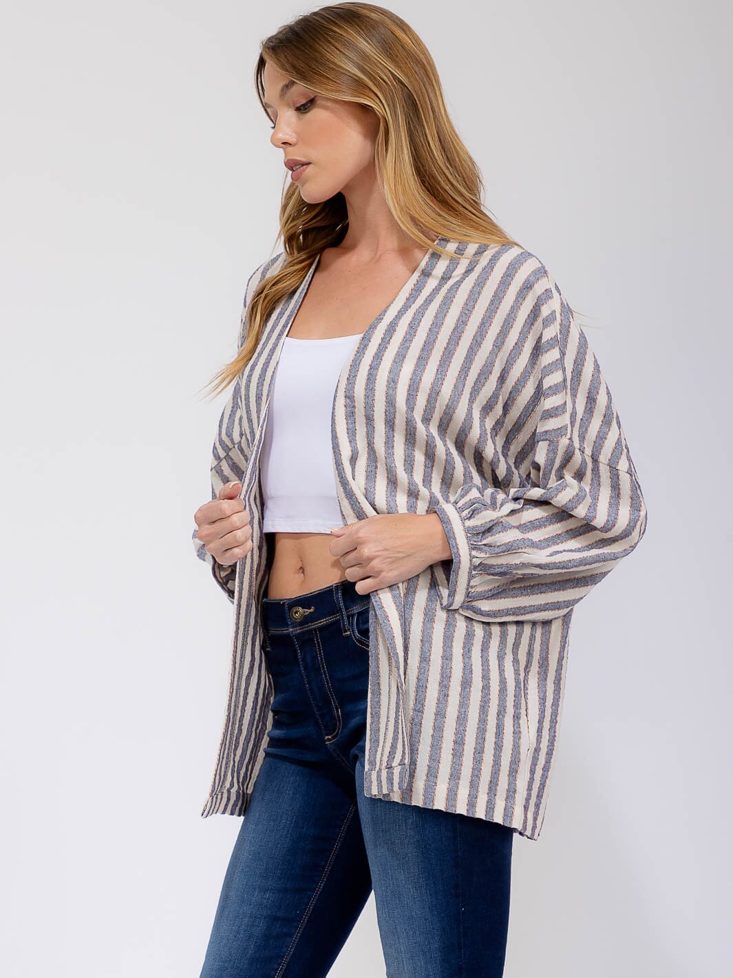 WOMEN'S LONG SLEEVE OPEN FRONT COLORBLOCK STRIPES CARDIGAN