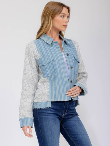 WOMEN'S LONG SLEEVE BUTTON CLOSURE FRONT POCKETS DENIM CONTRAST JACKET
