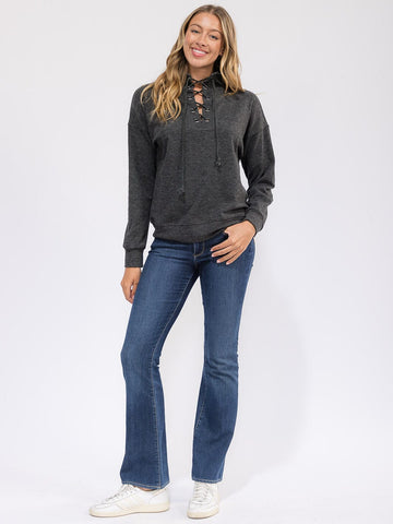 WOMEN'S LONG SLEEVE LACE UP PULLOVER SWEATER