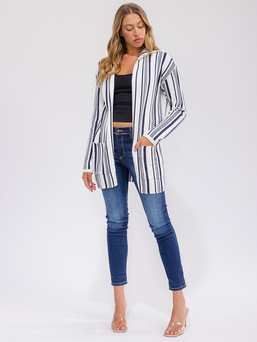 WOMEN'S LONG SLEEVE POCKETS OPEN FRONT COLORBLOCK STRIPES HOODED CARDIGAN