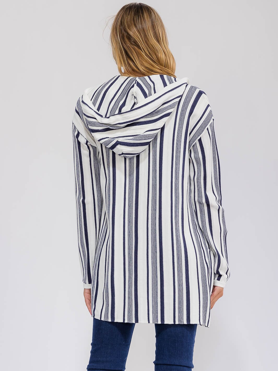 WOMEN'S LONG SLEEVE POCKETS OPEN FRONT COLORBLOCK STRIPES HOODED CARDIGAN