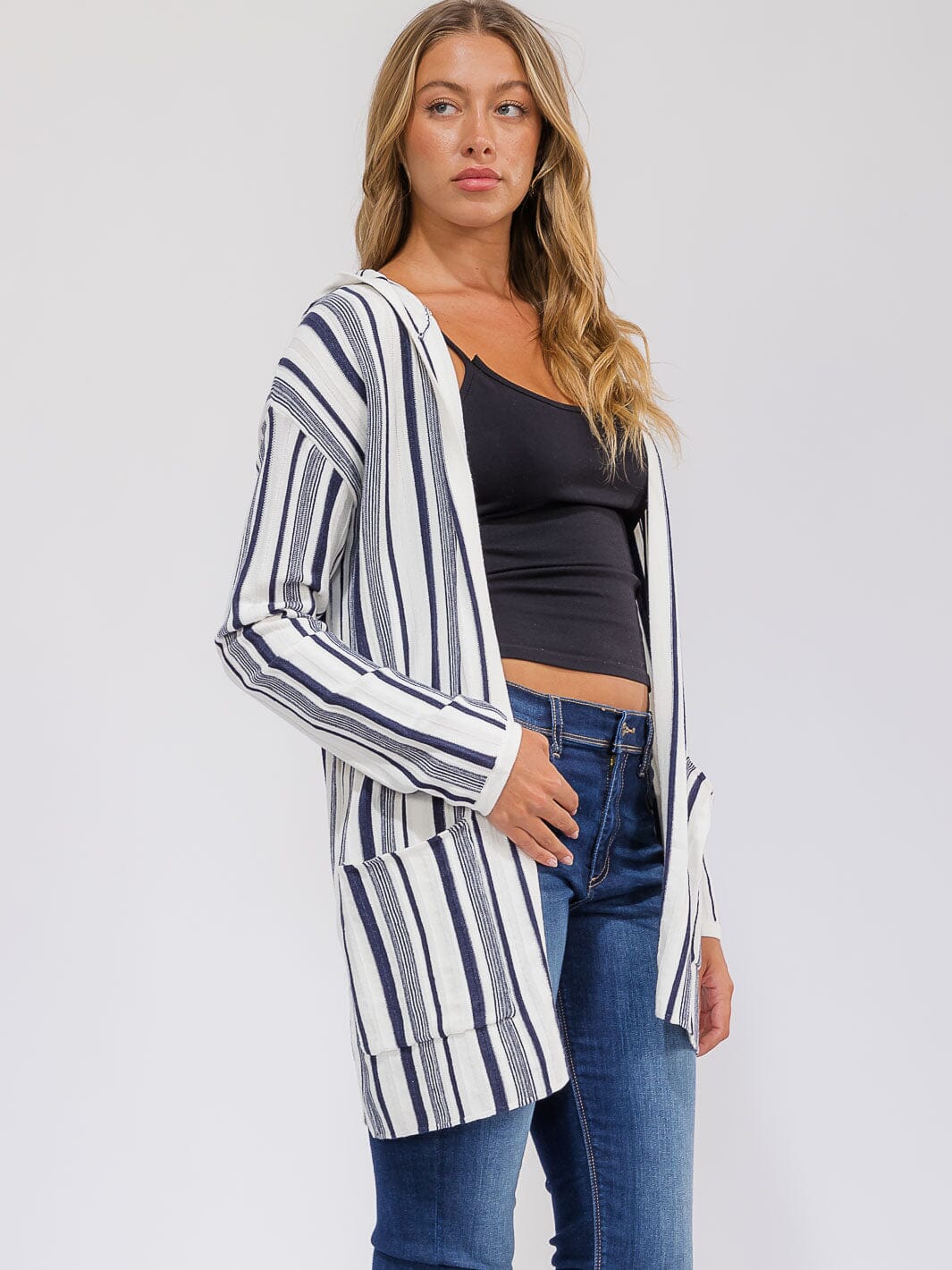 WOMEN'S LONG SLEEVE POCKETS OPEN FRONT COLORBLOCK STRIPES HOODED CARDIGAN